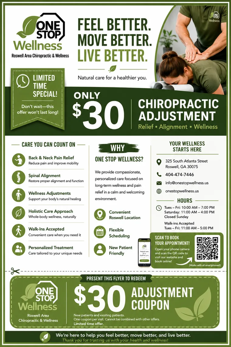 One Stop Wellness chiropractic promotional campaign flyer with QR code booking and $30 adjustment offer